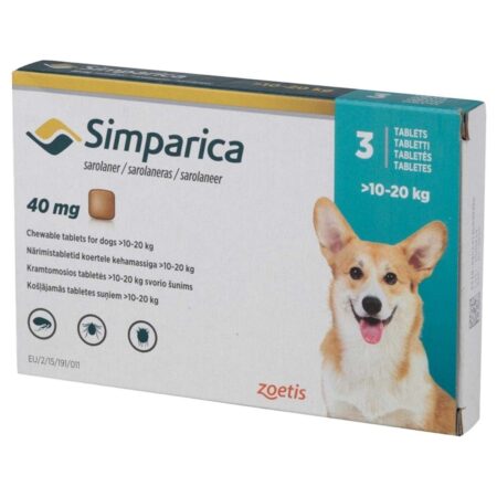 Simparica 40mg Chewable Tablets for Ticks & Flea in Dogs 10kg - 20kg (Pack of 3)