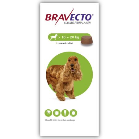 Bravecto 500mg Fluralaner Tablet for Ticks & Fleas in Dogs 10Kg – 20Kg